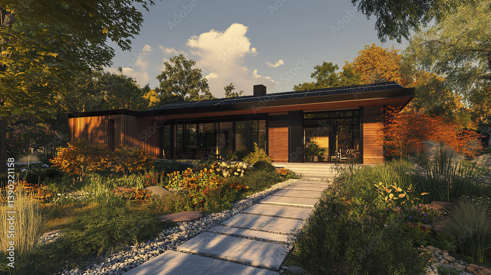 Fototapeta premium Modern passive house with wood panel exterior and solar panels