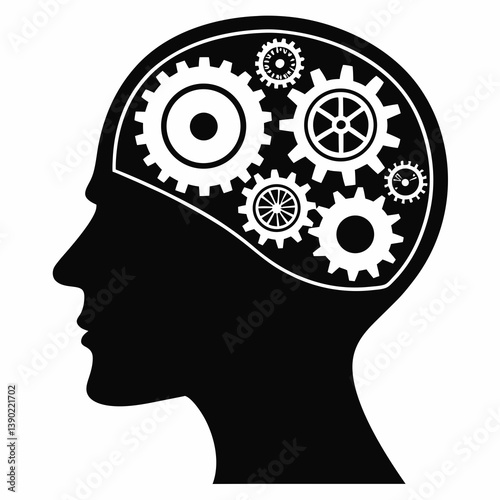 human head, brain made of gears, mechanical mind concept