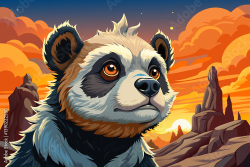 Panda portrait on an alien rock formation under a strange colored sky, animal banner