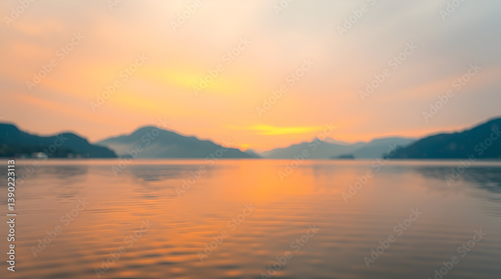 A peaceful sunrise over a tranquil lake with mountains in the background, soft pastel colors in the sky A peaceful sunrise over a tranquil lake with mountains in the background, soft pastel colors in the sky