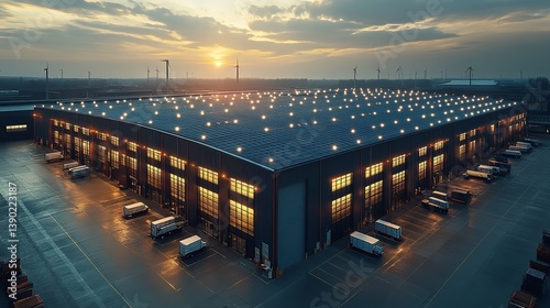 Modern warehouse at sunset illuminated with warm lighting surrounded by trucks and wind turbines in