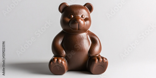 Whimsical chocolate bear sitting happily, sporting a soft belly and playful features