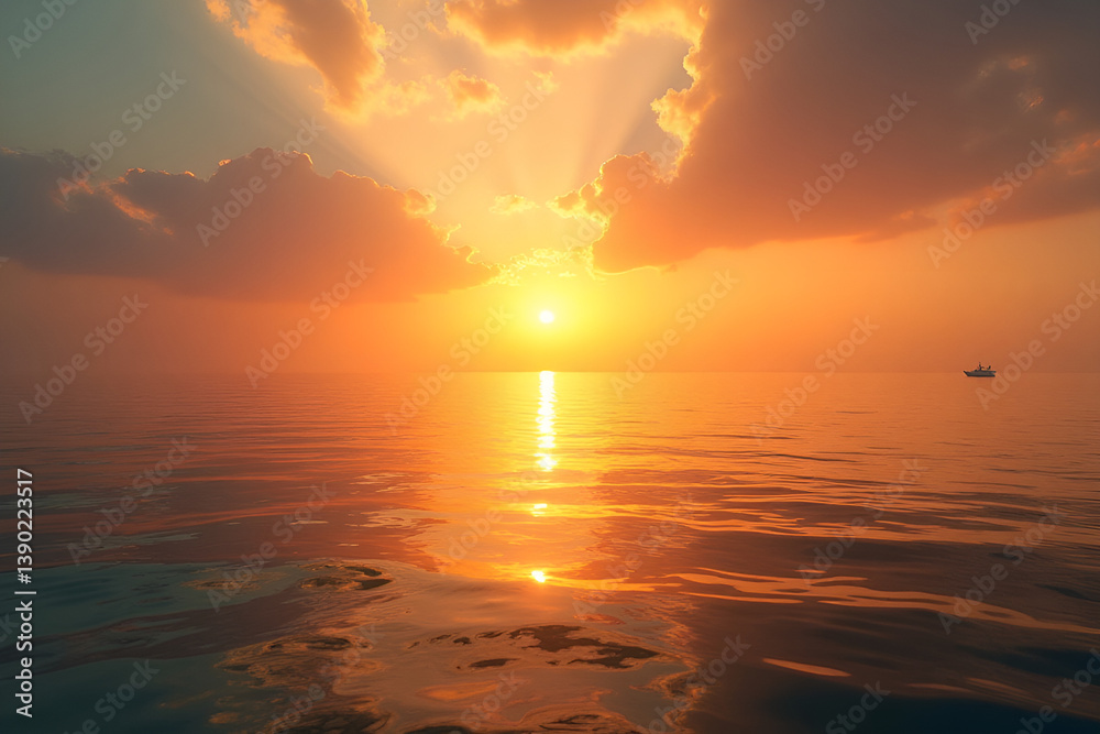 Fototapeta premium Breathtaking sunset over calm ocean serene peaceful representing tranquility against a cloudy sky background