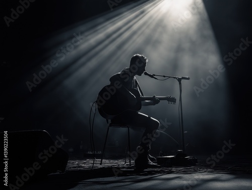 Solitary musician performing with guitar and microphone in a vibrant concert setting