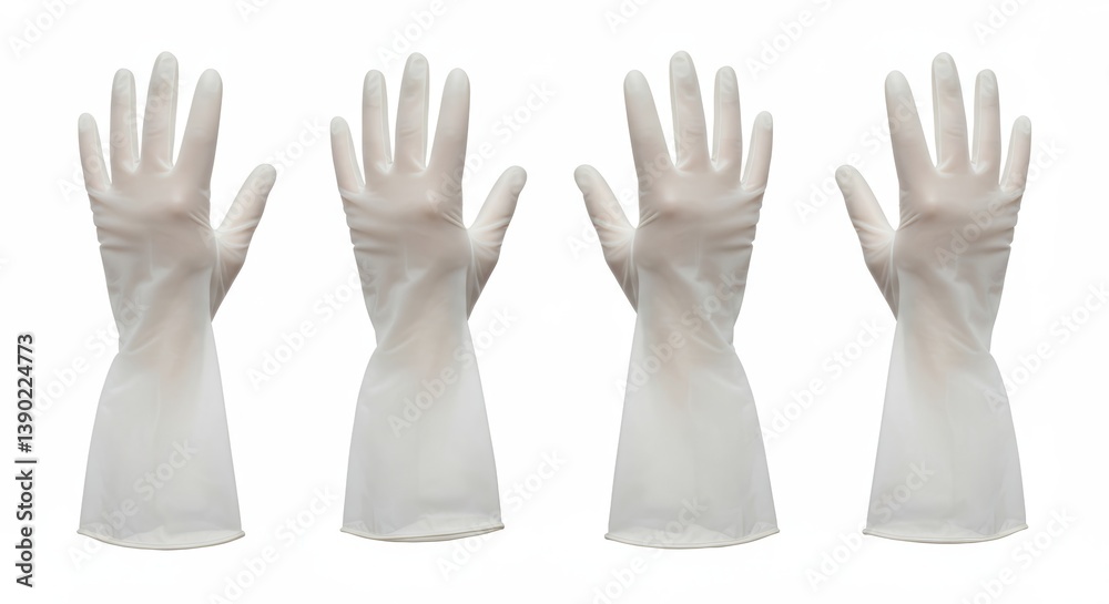 Obraz premium Set of Four Vinyl Gloves Against White Backdrop Emphasizing Clean Simplicity