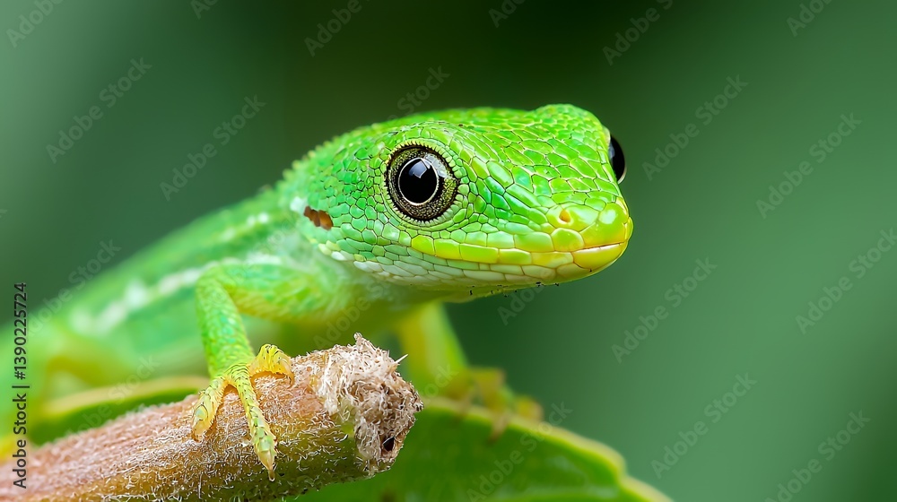 Close up of emerald green lizard on branch Close up of emerald green lizard on branch