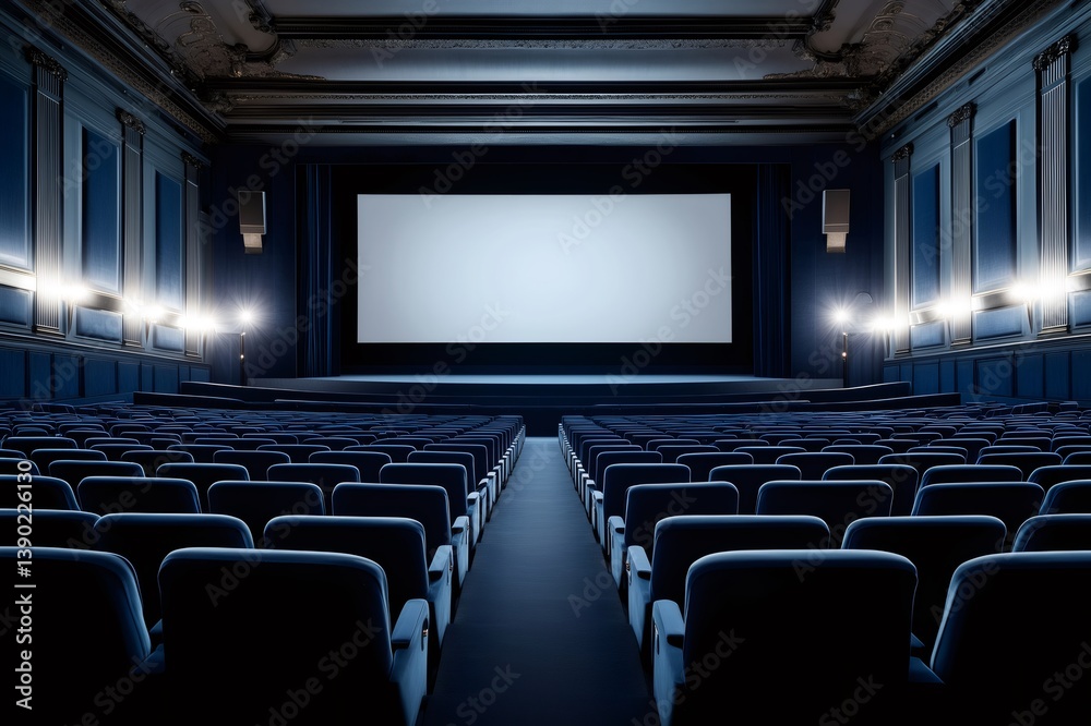 Fototapeta premium Empty luxurious cinema auditorium with blue seats and big screen awaiting audience