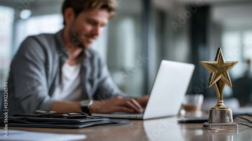 Employee of the month, rewarding personnel who reach sales targets, Achieving company goals, Star employee	, Businessmen using laptop