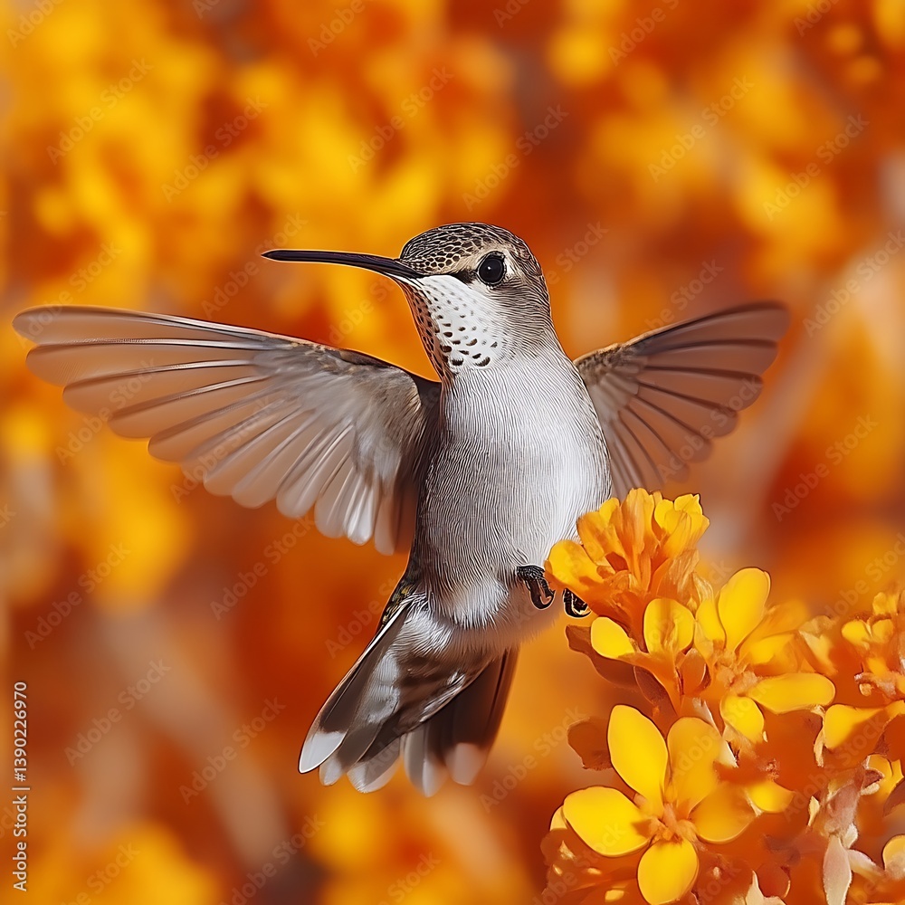 Obraz premium Hummingbird in flight, orange flowers