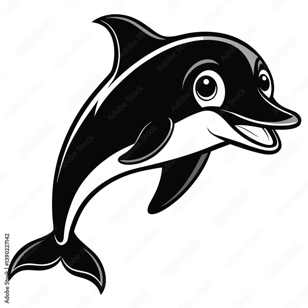 Fototapeta premium Smiling Cartoon Dolphin Illustration In Black And White Elegant Ocean Creature