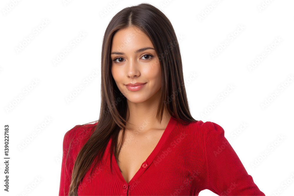 Young woman in red posing confidently against a transparent background Young woman in red posing confidently against a transparent background