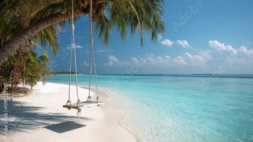 Fototapeta Naklejka Na Ścianę i Meble -  A tranquil tropical beach backdrop features a beach swing or hammock, white sand, and a serene sea, ideal for relaxation and summer holidays. Bahamas.