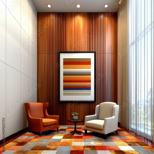 Modern Waiting Area Interior with Abstract Artwork and Wood Paneling