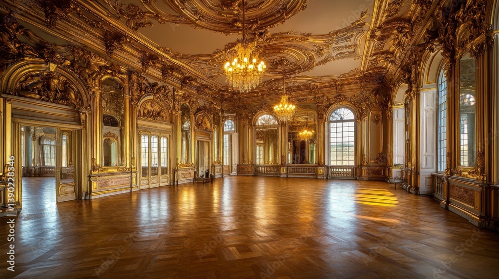 A grand and elegant hall with intricate detailing and stunning chandeliers. The warm light enhances the beauty of this space. Perfect for events or gatherings. Generative AI