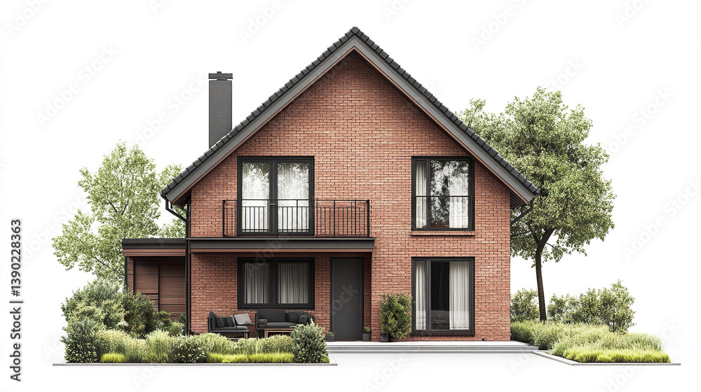 Red brick house with modern design and lush greenery Red brick house with modern design and lush greenery