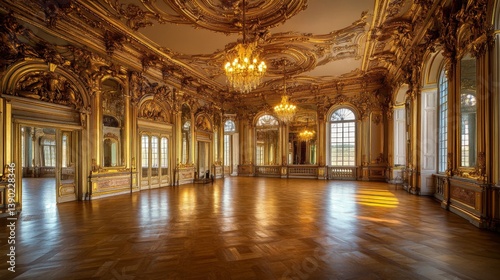 A grand and elegant hall with intricate detailing and stunning chandeliers. The warm light enhances the beauty of this space. Perfect for events or gatherings. Generative AI