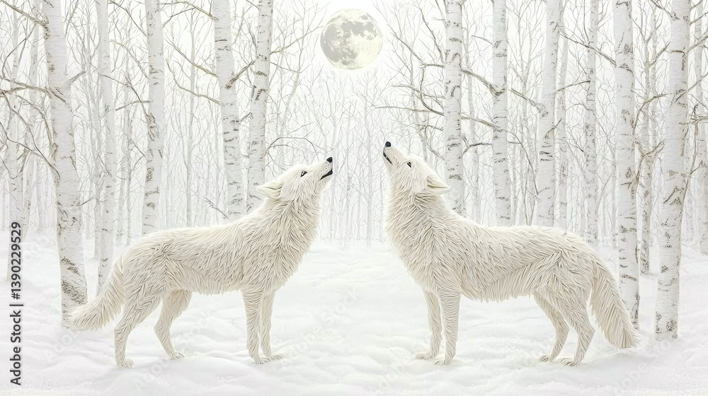 Fototapeta premium A snowy forest with two wolves howling at the moon.