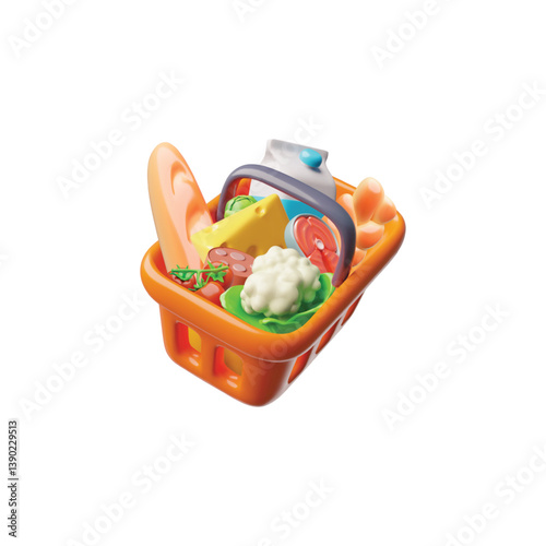 Realistic orange shopping basket with food, 3D vector container with sausage, milk, cheese bread vegetables purchase