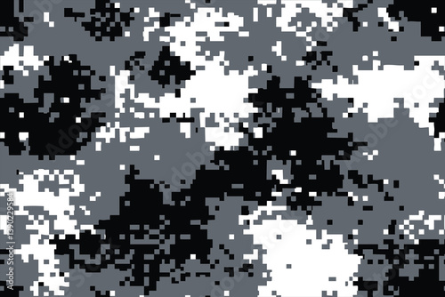 Seamless Pixelated Gray Camouflage Pattern – Vector Design with White Edges for Printing T-Shirts, Hats & Posters on Dark Backgrounds