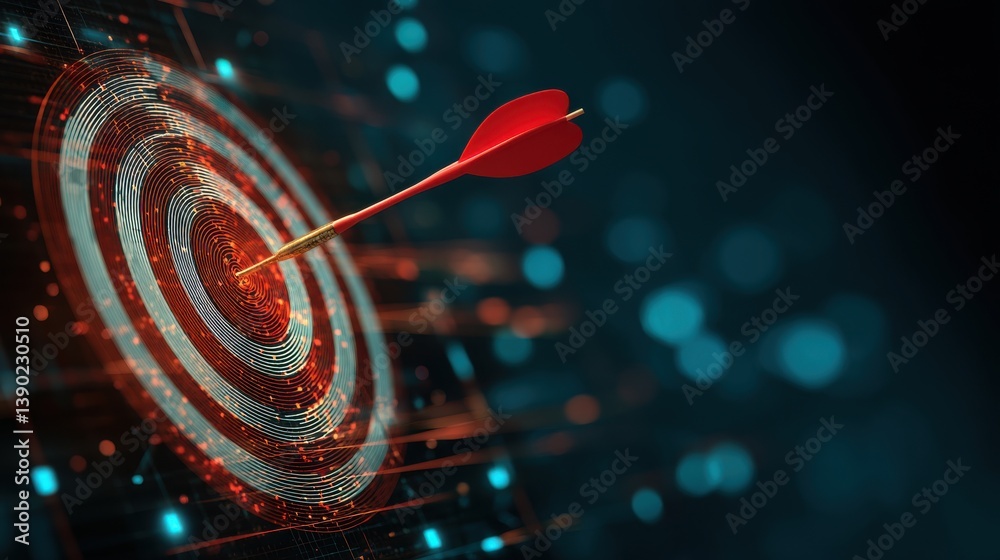 arrow hitting target in the digital realm using data and cyber technologies, highlighting business success. perfect for digital marketing concepts, technological achievements, and.