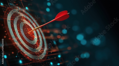 arrow hitting target in the digital realm using data and cyber technologies, highlighting business success. perfect for digital marketing concepts, technological achievements, and.