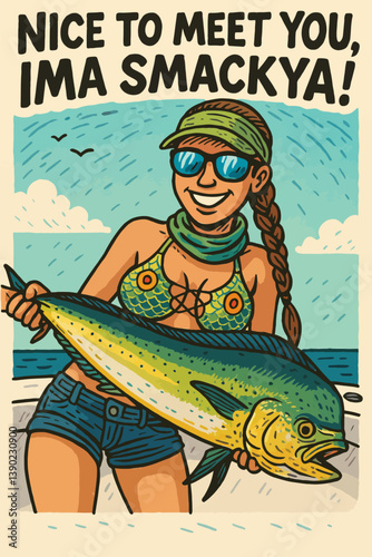 Woman Holding Large Fish Illustration Near Ocean with Birds Flying