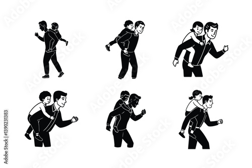 dad giving piggyback ride vector art silhouette