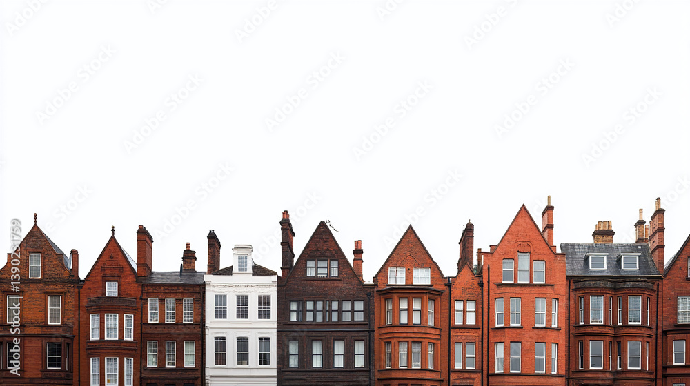 Row of red brick buildings with gabled roofs on white background