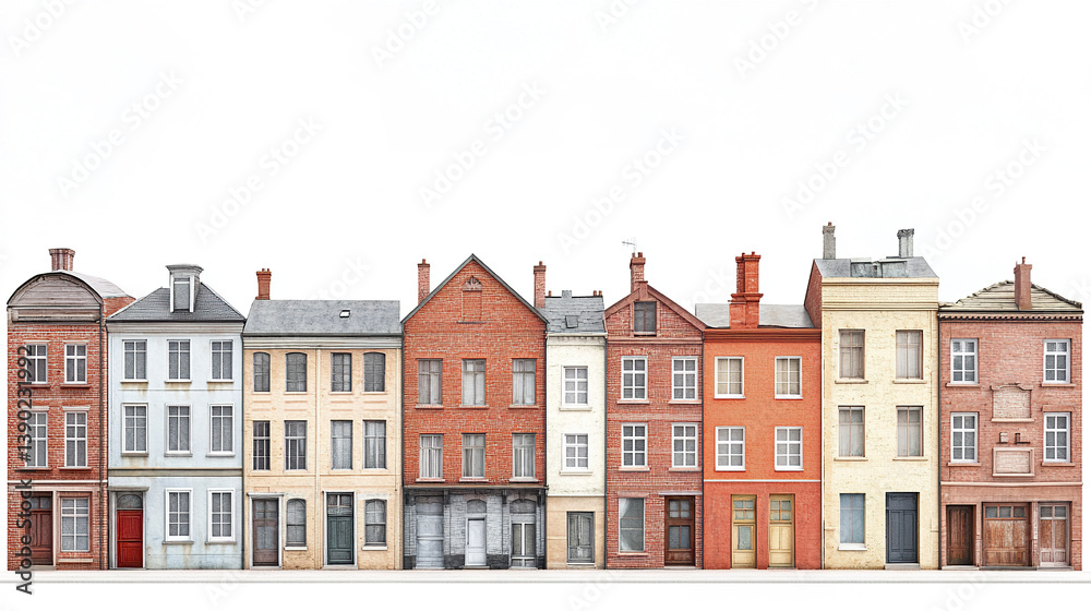 Obraz premium Row of colorful brick buildings on white background