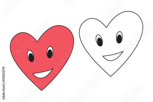 Smiling cartoon hearts in red and outline black.