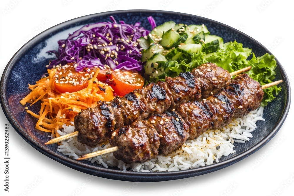 Savory skewers served over fluffy rice alongside vibrant fresh vegetables in a delightful culinary presentation Savory skewers served over fluffy rice alongside vibrant fresh vegetables in a delightful culinary presentation