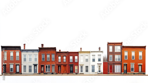 row of colorful brick buildings on white background