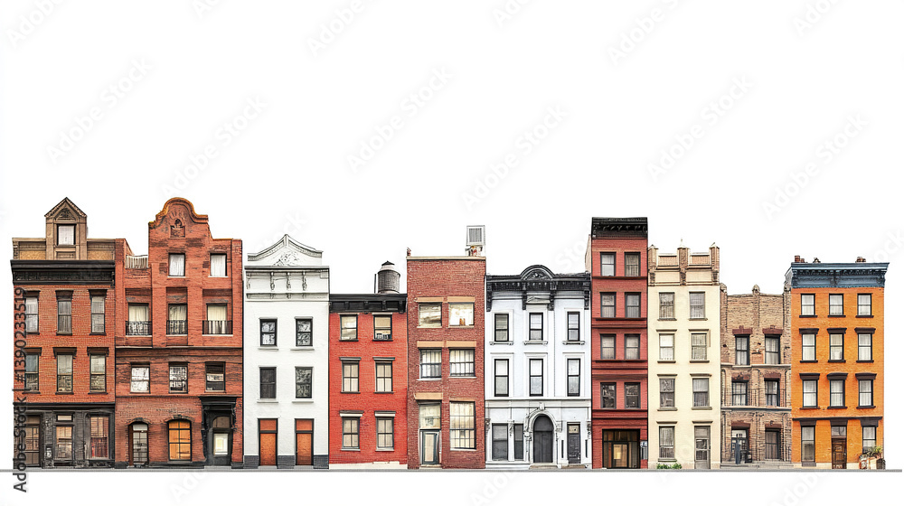 Obraz premium row of colorful brick buildings on white background