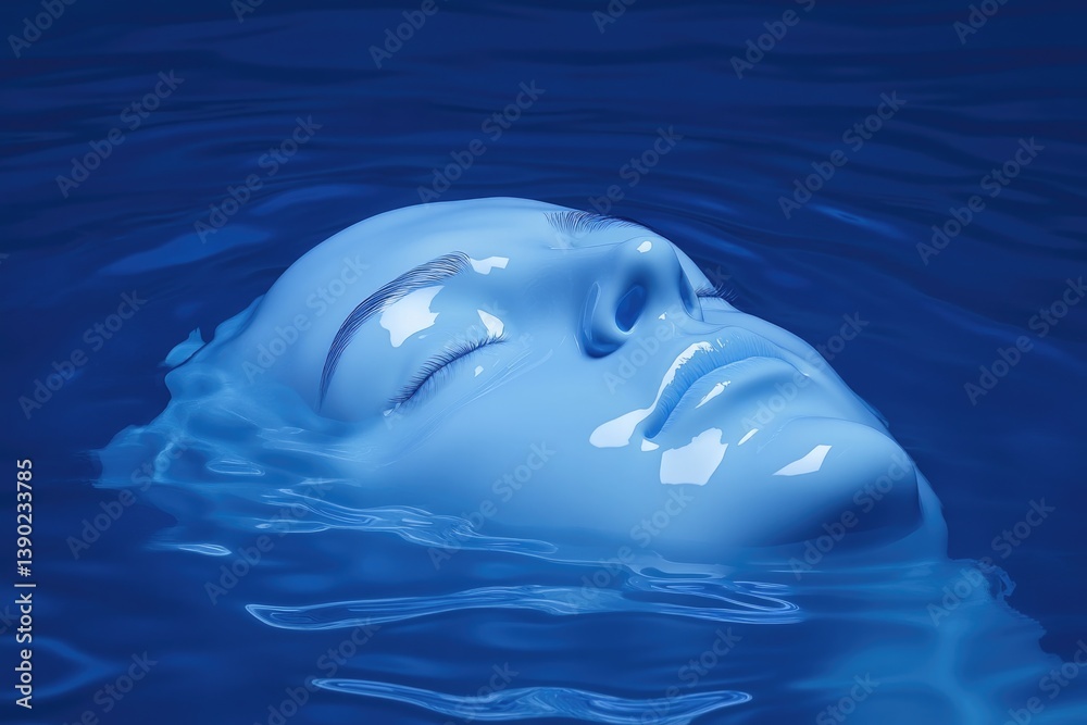 Fototapeta premium Serene blue face floats gracefully on water surface, reflecting