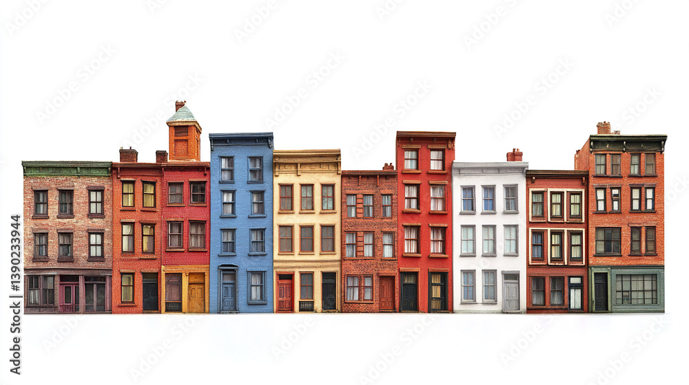 Fototapeta premium Colorful row of brick buildings on white background. Urban architecture