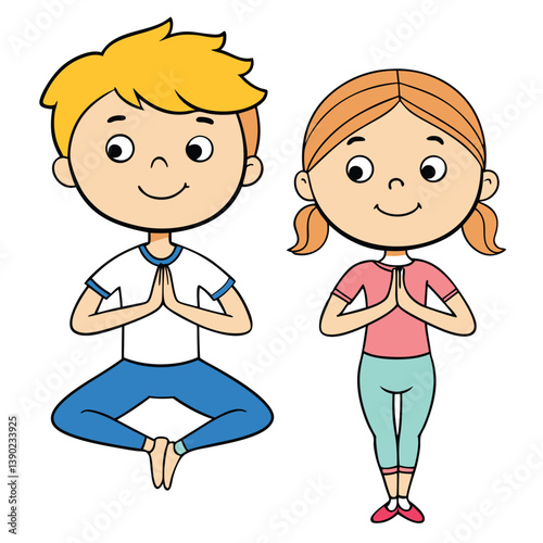 Cartoon Boy And Girl Meditating Together Illustration For Children Well Being