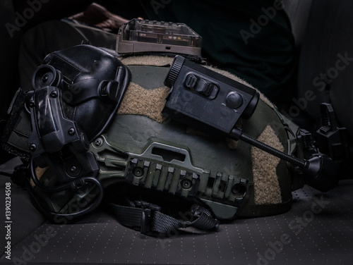 Tactical Military Helmet with Mounted Accessories