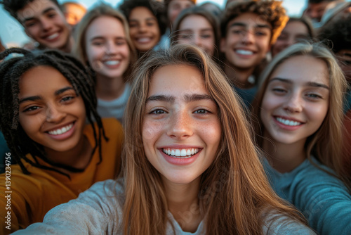 Group of young people smiling and taking a selfie together.