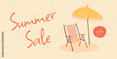 Minimal summer sale banner for branding, promo, advertising, and social media. Hand-drawn crayon-style illustration with beach umbrella, striped chair, and textured pastel background.