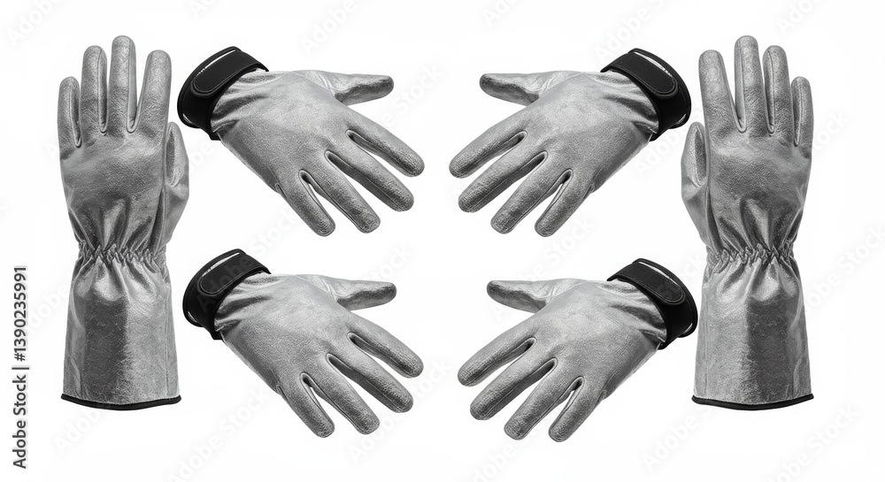 Obraz premium A set of aluminized gloves presented against a clean white backdrop, emphasizing their purpose