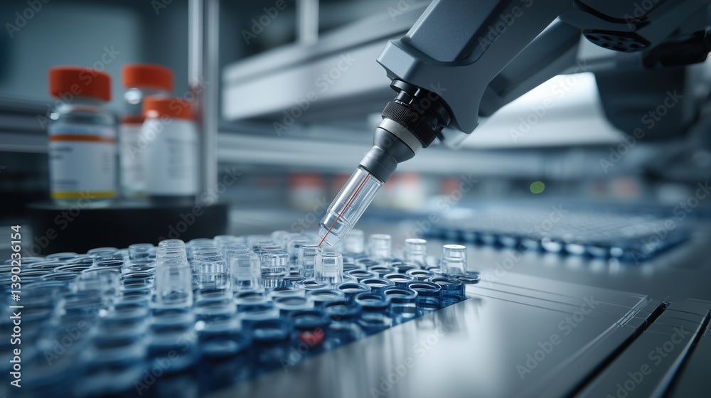 AI Drug Discovery. Robotic arm precisely placing compounds in a high-throughput drug screening array, automated pharmaceutical research AI Drug Discovery. Robotic arm precisely placing compounds in a high-throughput drug screening array, automated pharmaceutical research