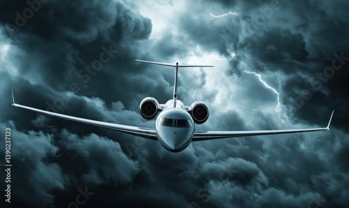 A private plane or jet flies against the backdrop of a gloomy and terrifying stormy sky with swirling dark clouds, an epic panorama with the plane and sky, generated by AI