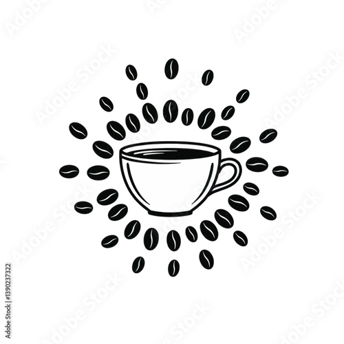 Coffee cup surrounded by coffee beans, a minimalist design