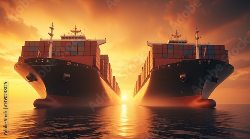 Majestic cargo ships meet at sunset, a breathtaking spectacle of global trade and maritime power, silhouetted against a fiery orange sky. photo