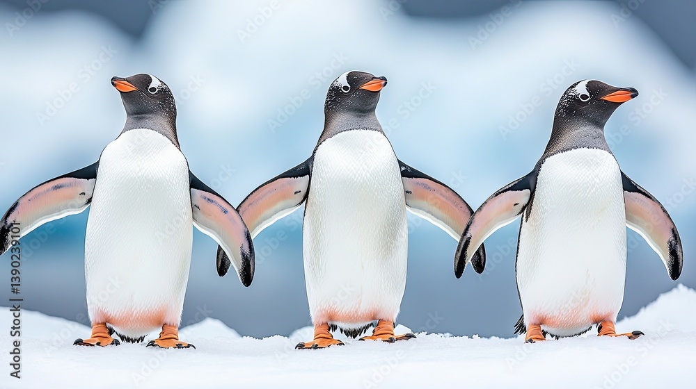 Obraz premium Three Penguins Displaying Unique Postures in Icy Environment