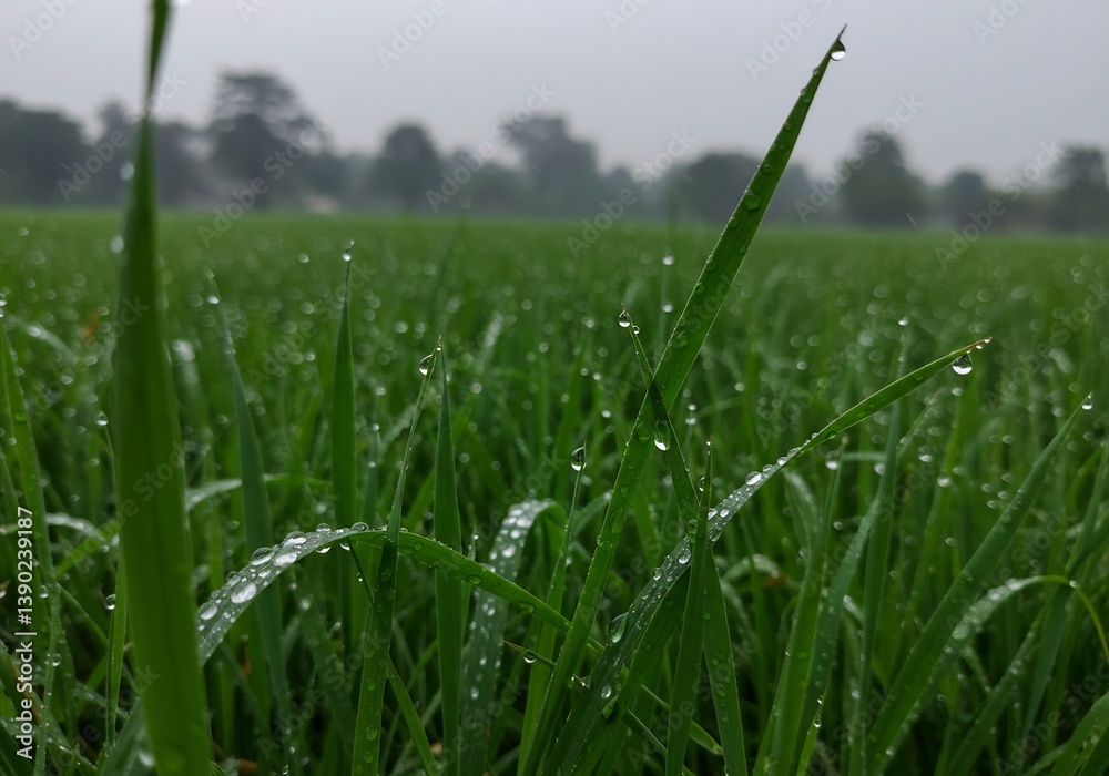 Obraz premium Dew-kissed Green Grass Field Soft Light. AI Generated