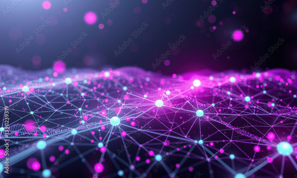 Obraz premium vibrant digital landscape showcasing interconnected nodes and lines, representing quantum data visualization with blend of pink and blue hues, evoking sense of innovation and technology