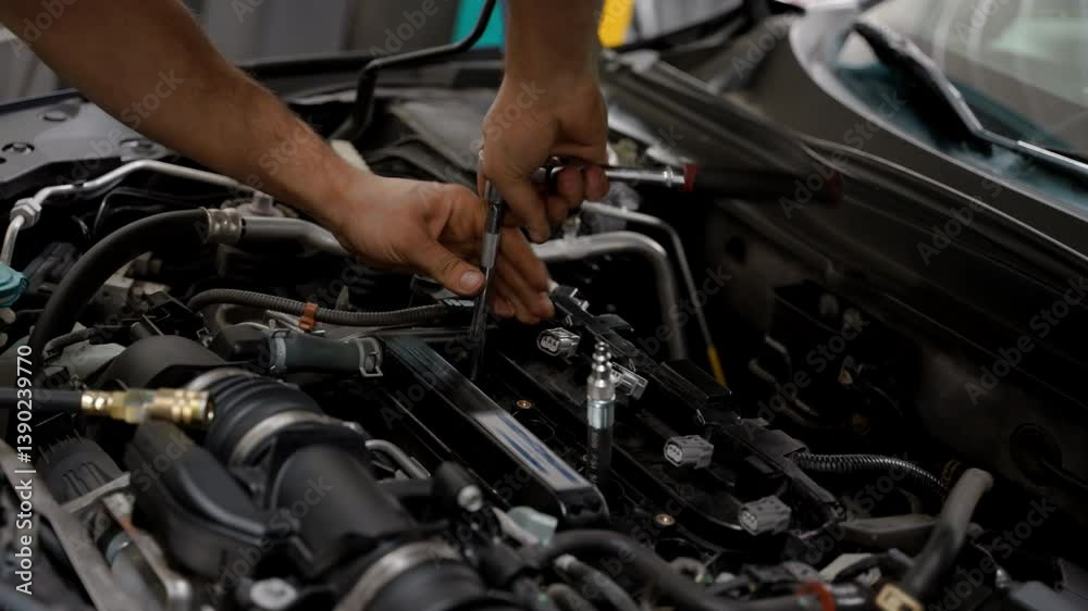 Mechanic working under the hood of a car in a repair shop. Mechanic working under the hood of a car in a repair shop.