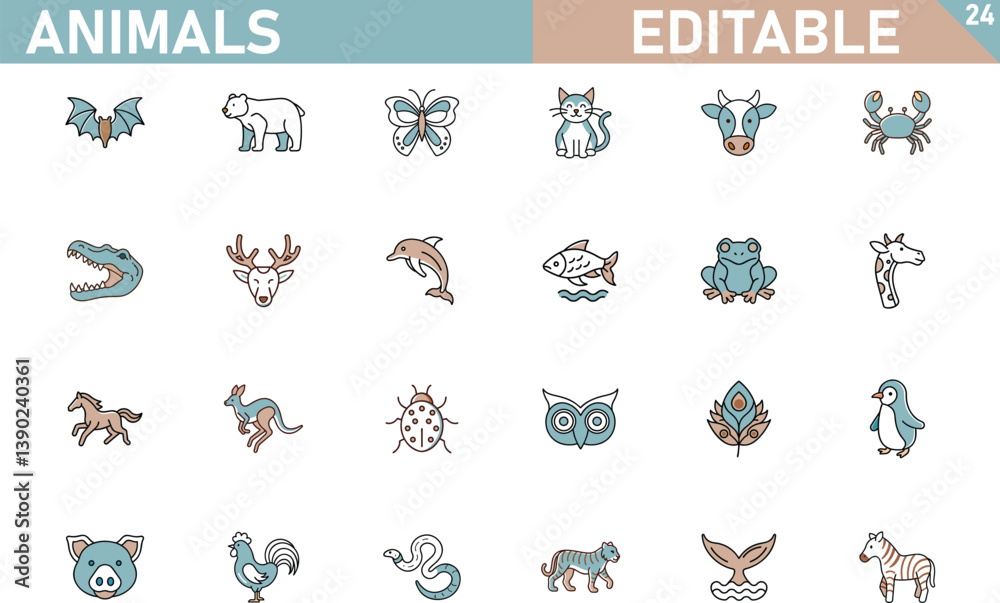 Fototapeta premium Editable Animal Icon Set Cute Vector Illustrations for Design