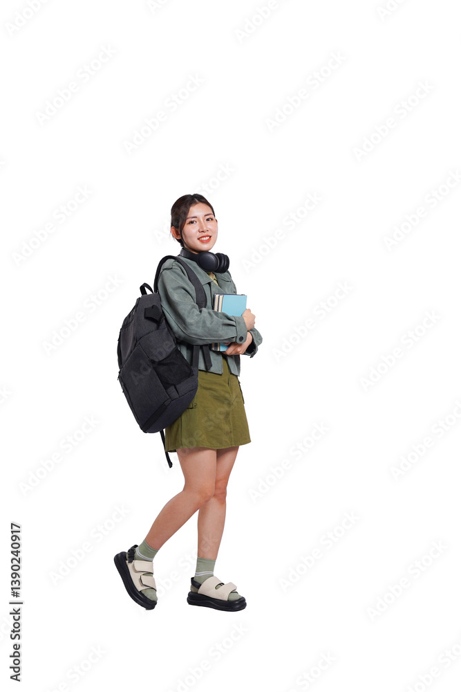 Portrait of Asian female student wearing backpack, headphones, fashionable clothes, posing dynamically on white background
Portrait of Asian female student wearing backpack, headphones, fashionable clothes, posing dynamically on white background